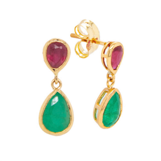 18k Gold Genuine Emerald and Ruby Earring